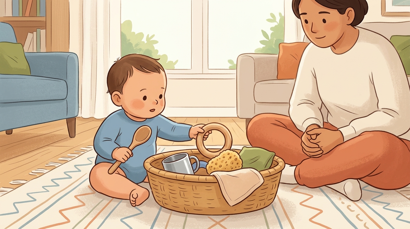 Cartoon illustration of a parent and child at home doing First Treasure Basket.