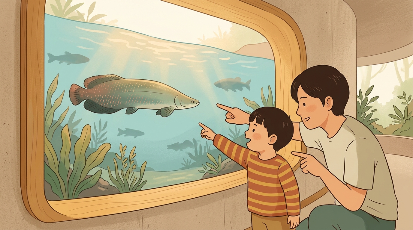 Cartoon illustration of a parent and child at home doing Which Way Will It Swim.