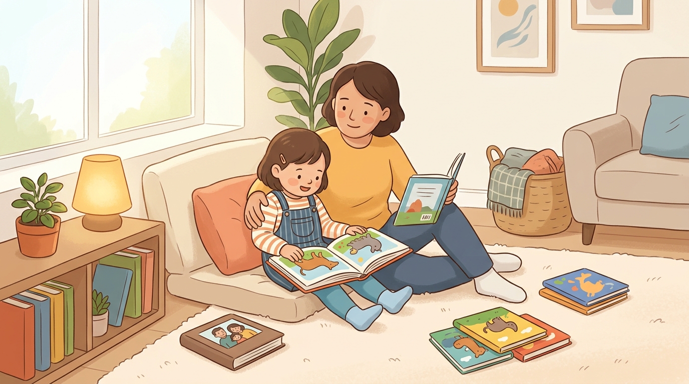 Cartoon illustration of a parent and child at home: provide books - picture books, photo albums, sticker books, catalogues.