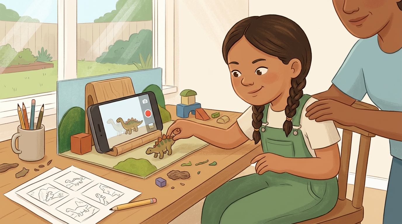 Cartoon illustration of a parent and child at home doing Stop-Motion Short.