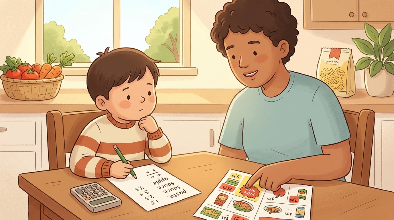 Cartoon illustration of a parent and child at home doing Plan the Meal Budget.