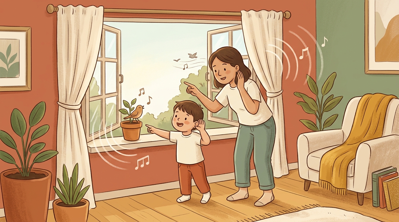 Cartoon illustration of a parent and child at home doing Near Far Sound Hunt.