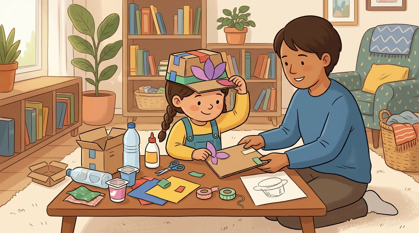 Cartoon illustration of a parent and child at home doing Recycled Fashion Design.