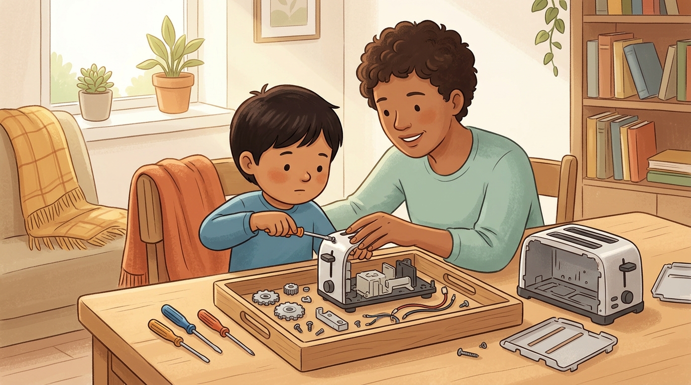Cartoon illustration of a parent and child at home doing Take It Apart Study.
