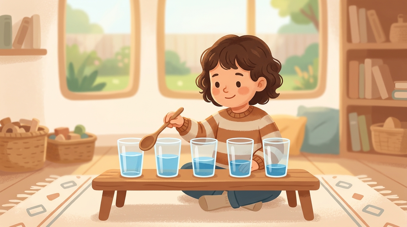 Cartoon illustration of a parent and child at home: line up three or four cups filled with different amounts of water.