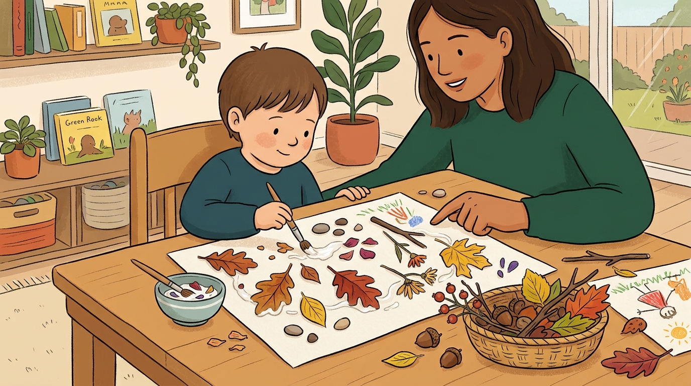 Cartoon illustration of a parent and child at home: an outdoor collection walk followed by indoor collage-making with natural materials.
