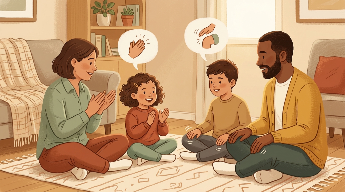 Cartoon illustration of a parent and child at home doing Pass The Sound Along.