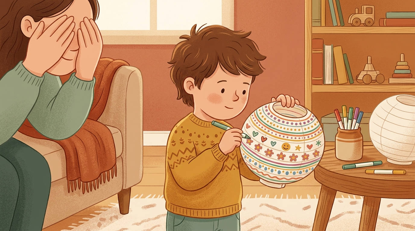 Cartoon illustration of a parent and child at home doing Lantern Detail Hideout.