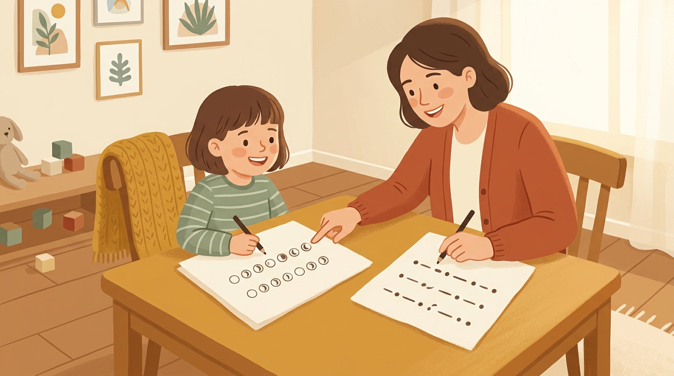 Cartoon illustration of a parent and child at home doing Find The Pattern Break.