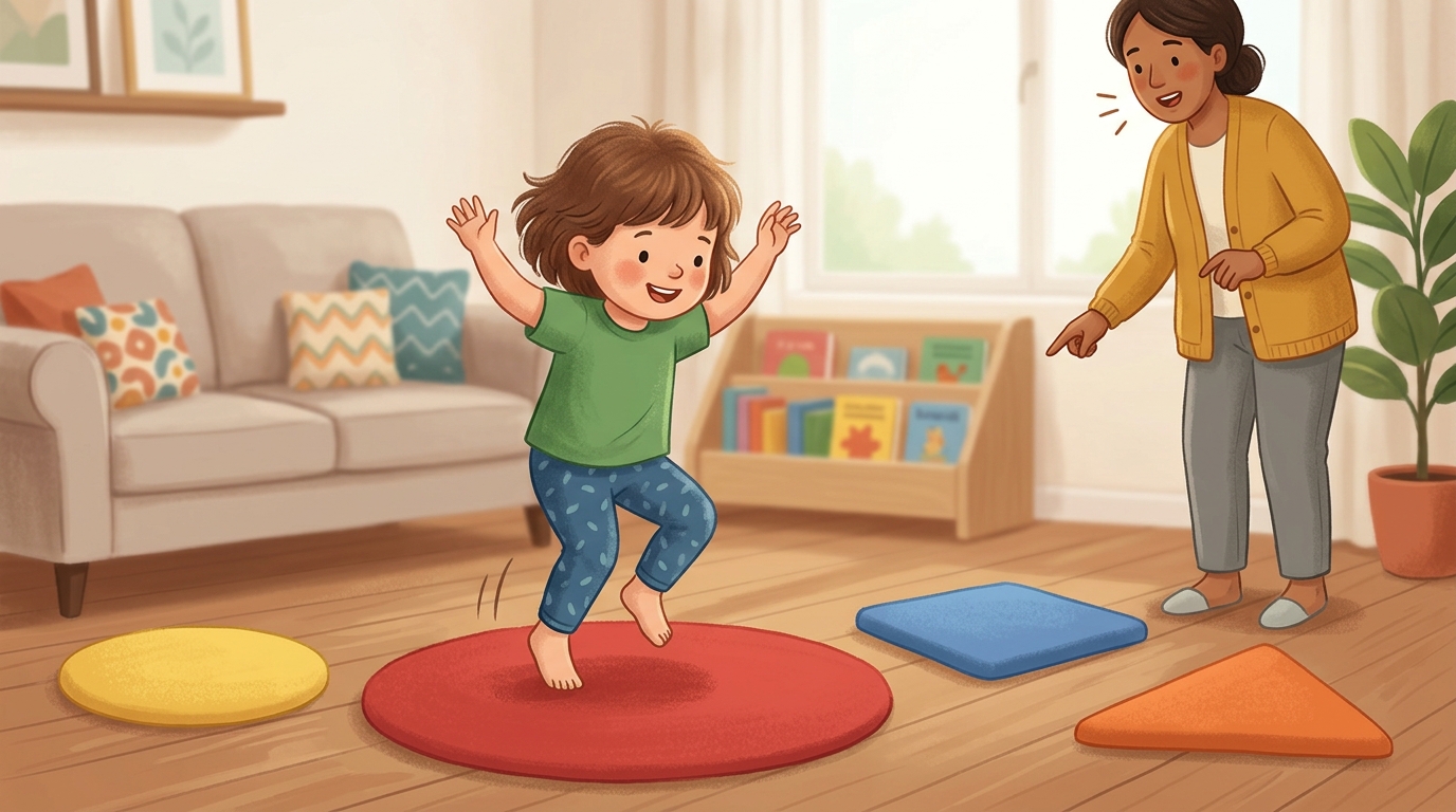 Cartoon illustration of a parent and child at home: lay coloured pieces of cloth, paper, or cushions on the floor.