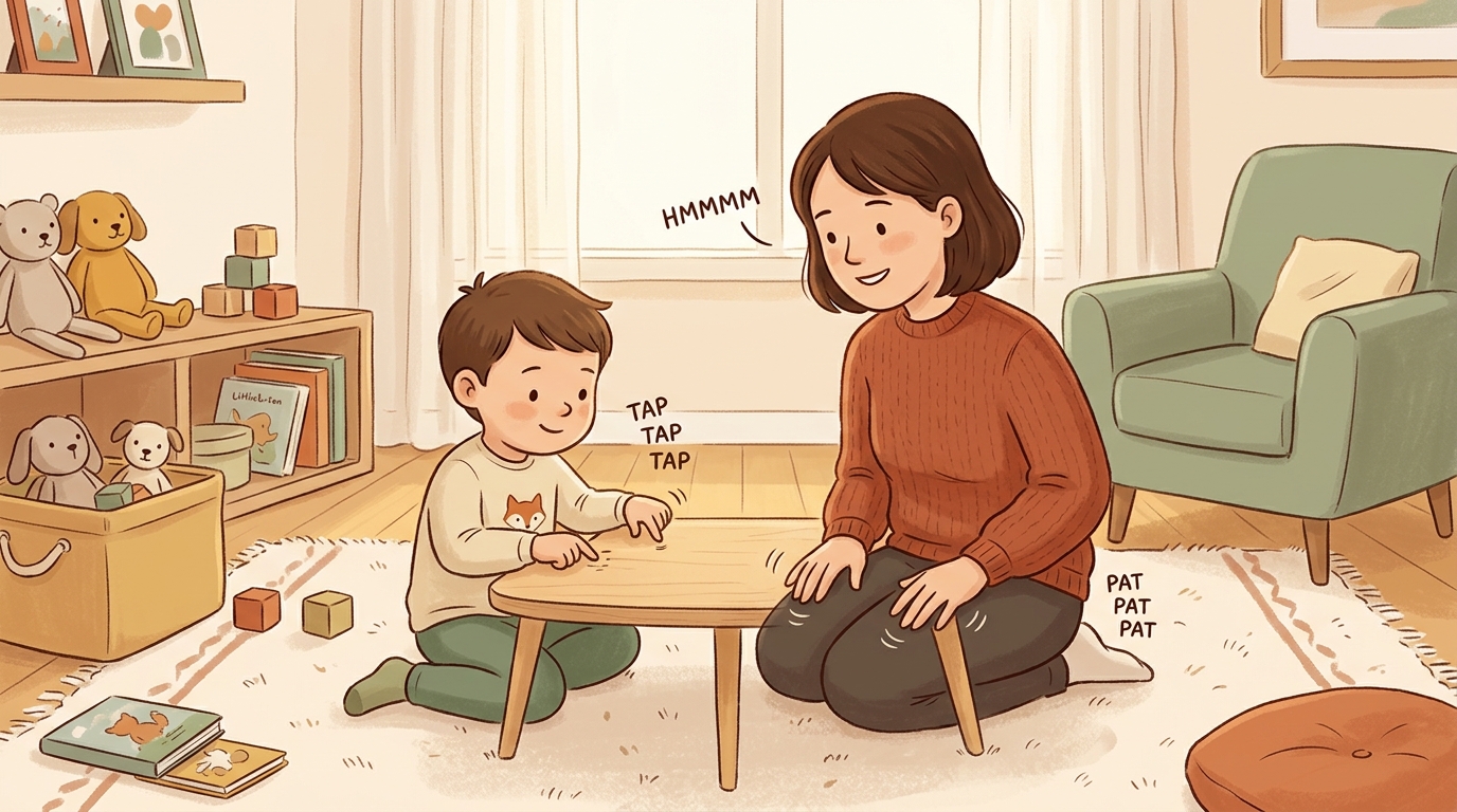 Cartoon illustration of a parent and child at home doing Three Sound Farm Band.