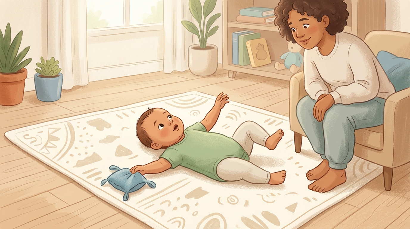 Cartoon illustration of a parent and child at home doing Free Movement Floor Mat.