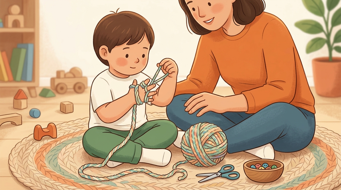 Cartoon illustration of a parent and child at home: child loops yarn over their fingers to make a simple cord, a calming classic craft.