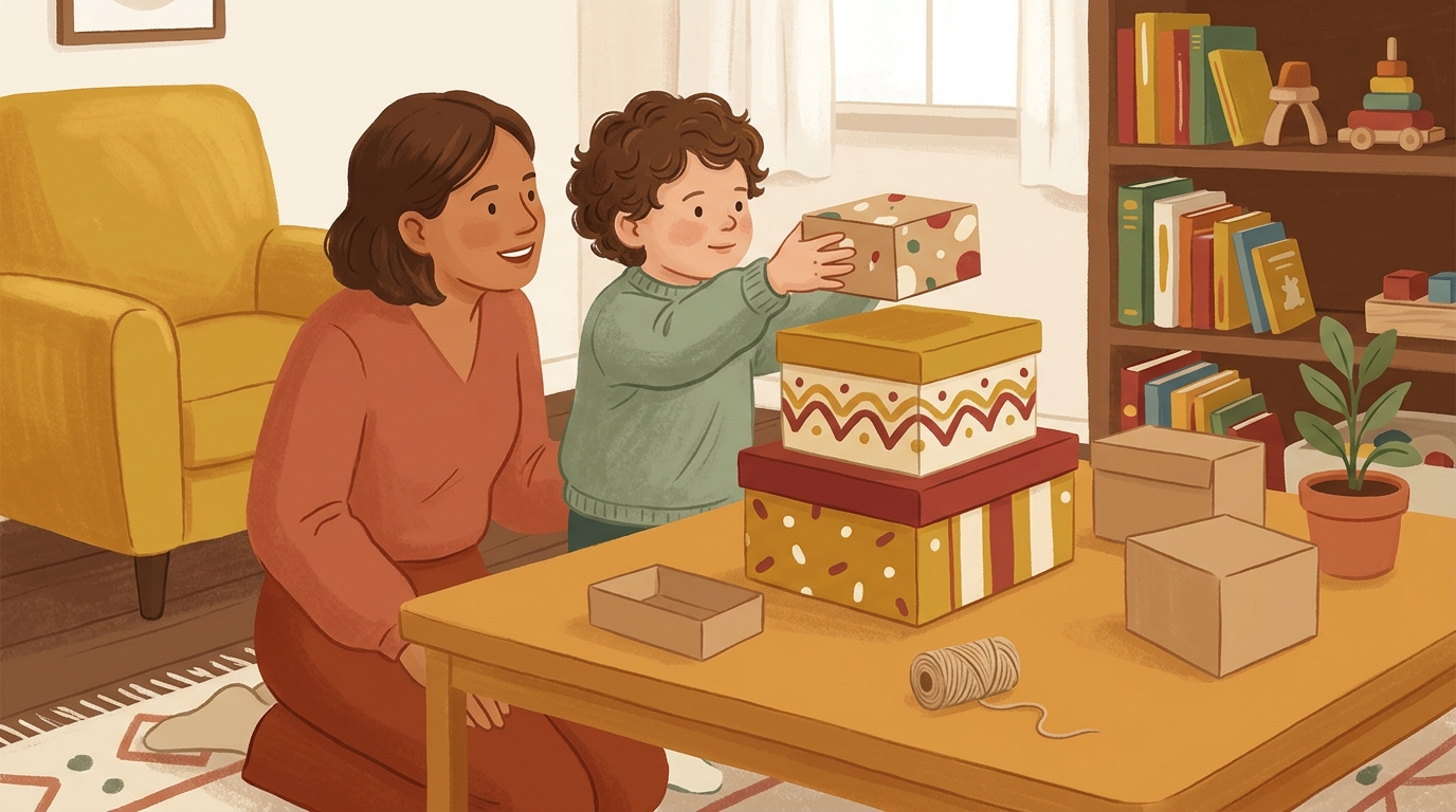 Cartoon illustration of a parent and child at home doing Holiday Parcel Tower.