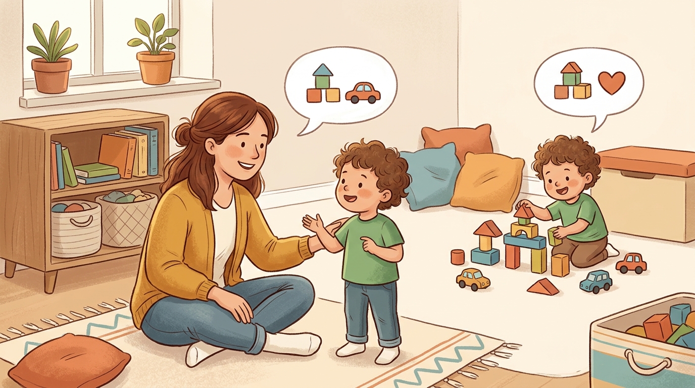 Cartoon illustration of a parent and child at home doing Plan, Do, Review Playtime.