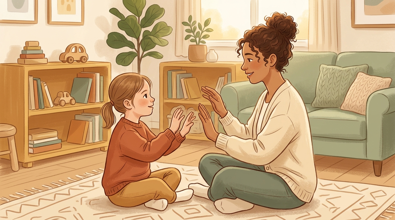 Cartoon illustration of a parent and child at home doing Small Movement Mirror.