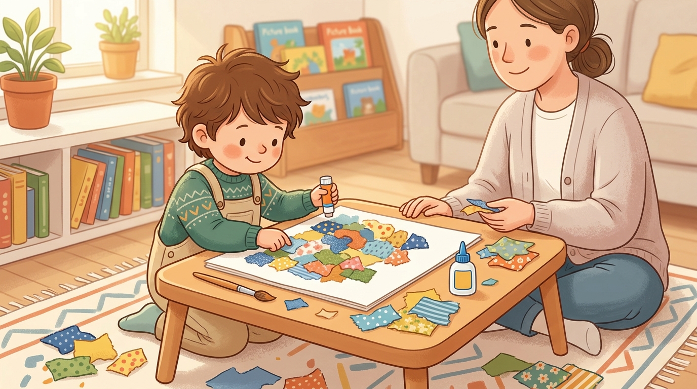 Cartoon illustration of a parent and child at home doing Fabric Scrap Collage.
