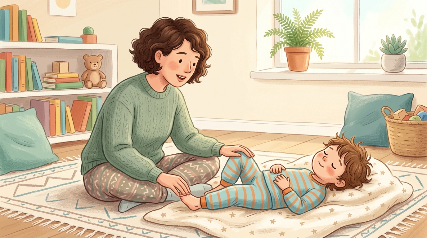 Cartoon illustration of a parent and child at home doing Calm Body Scan.