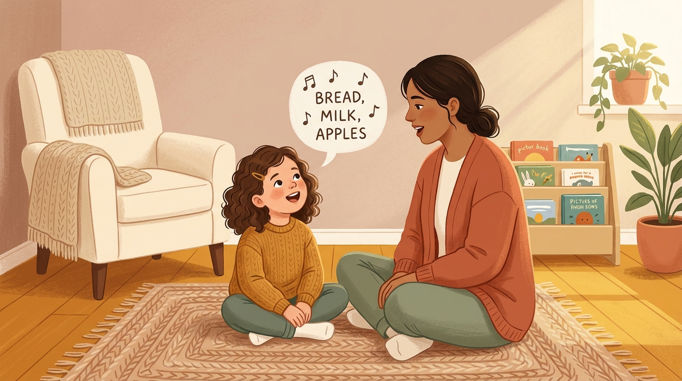 Cartoon illustration of a parent and child at home doing Sing The Shopping List.