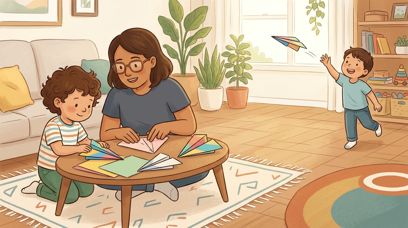 Cartoon illustration of a parent and child at home doing Paper Plane Contest.