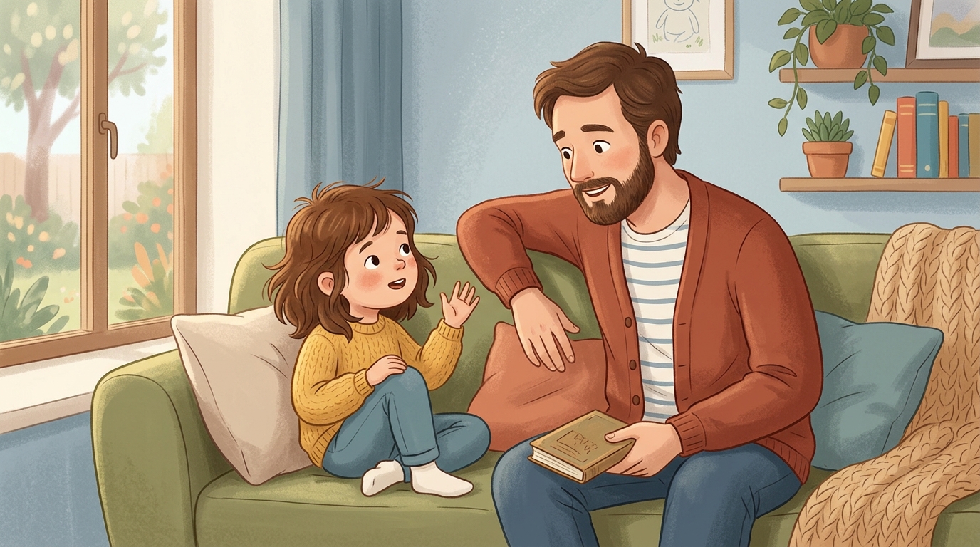 Cartoon illustration of a parent and child at home doing Would You Rather: Ethics.