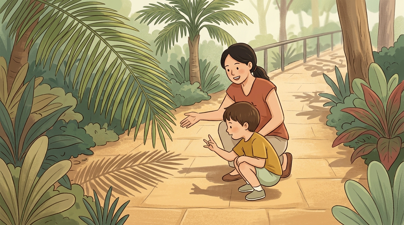 Cartoon illustration of a parent and child at home doing Shade Shape Match.