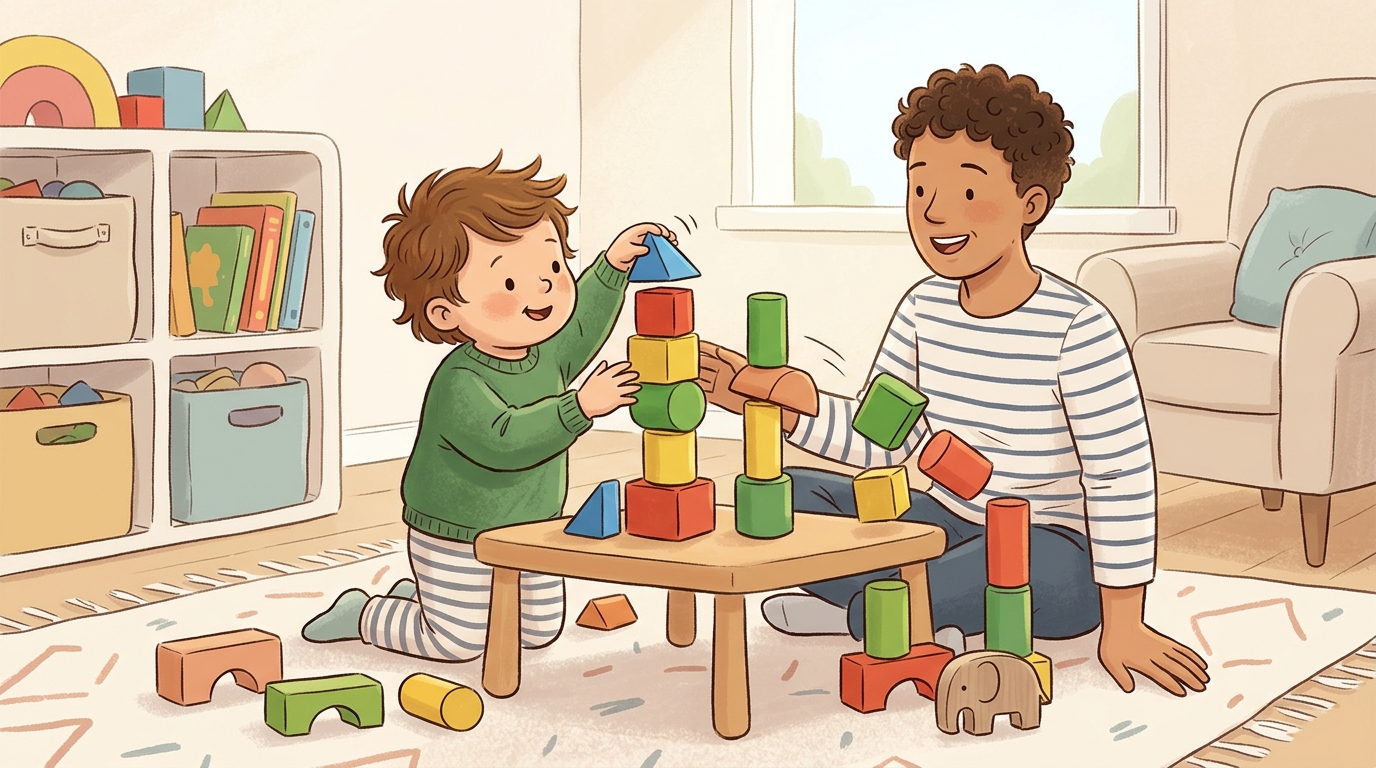 Cartoon illustration of a parent and child at home: stacking and building with blocks to create towers and structures.
