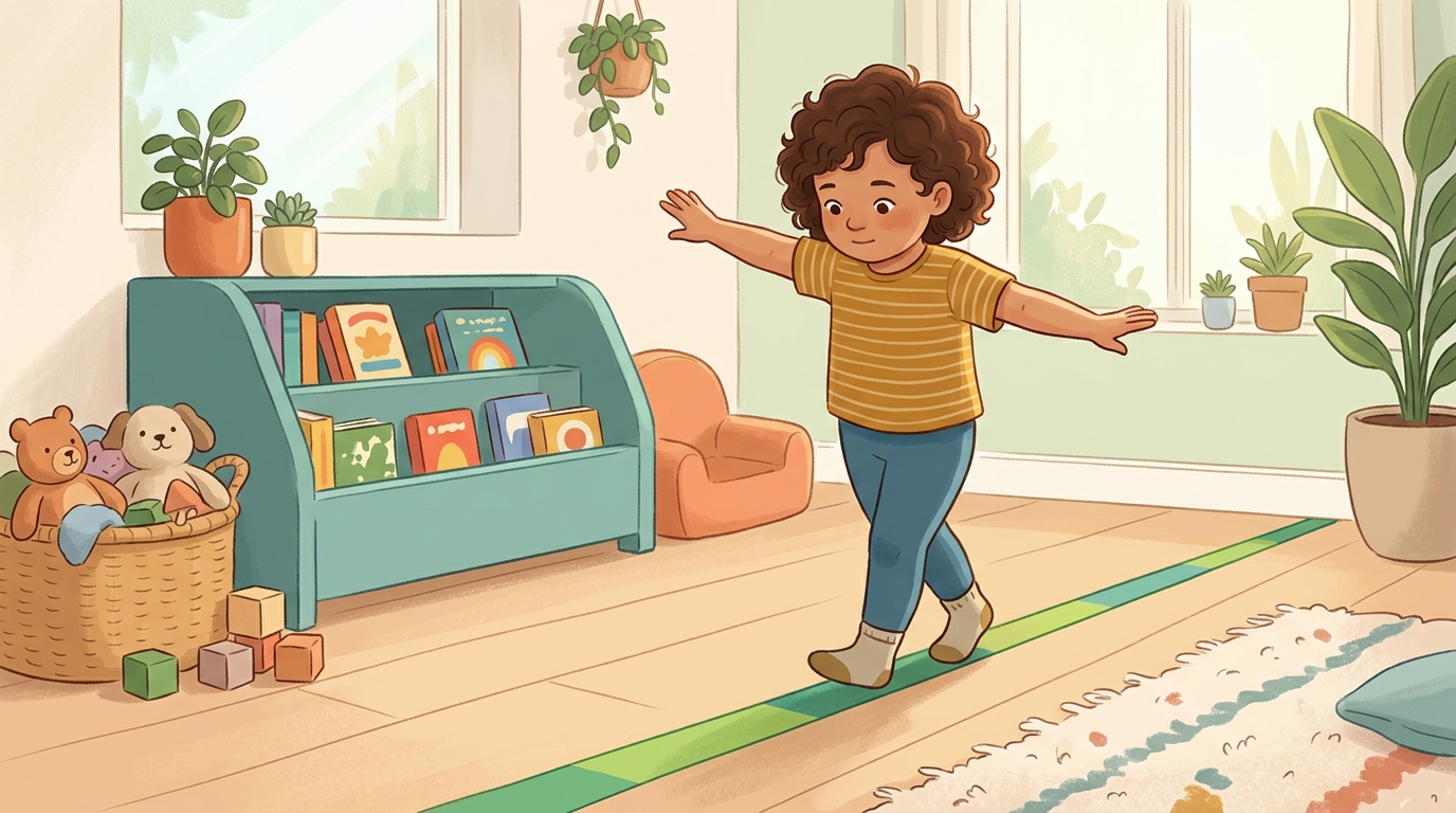 Cartoon illustration of a parent and child at home doing Balance Line Walk.