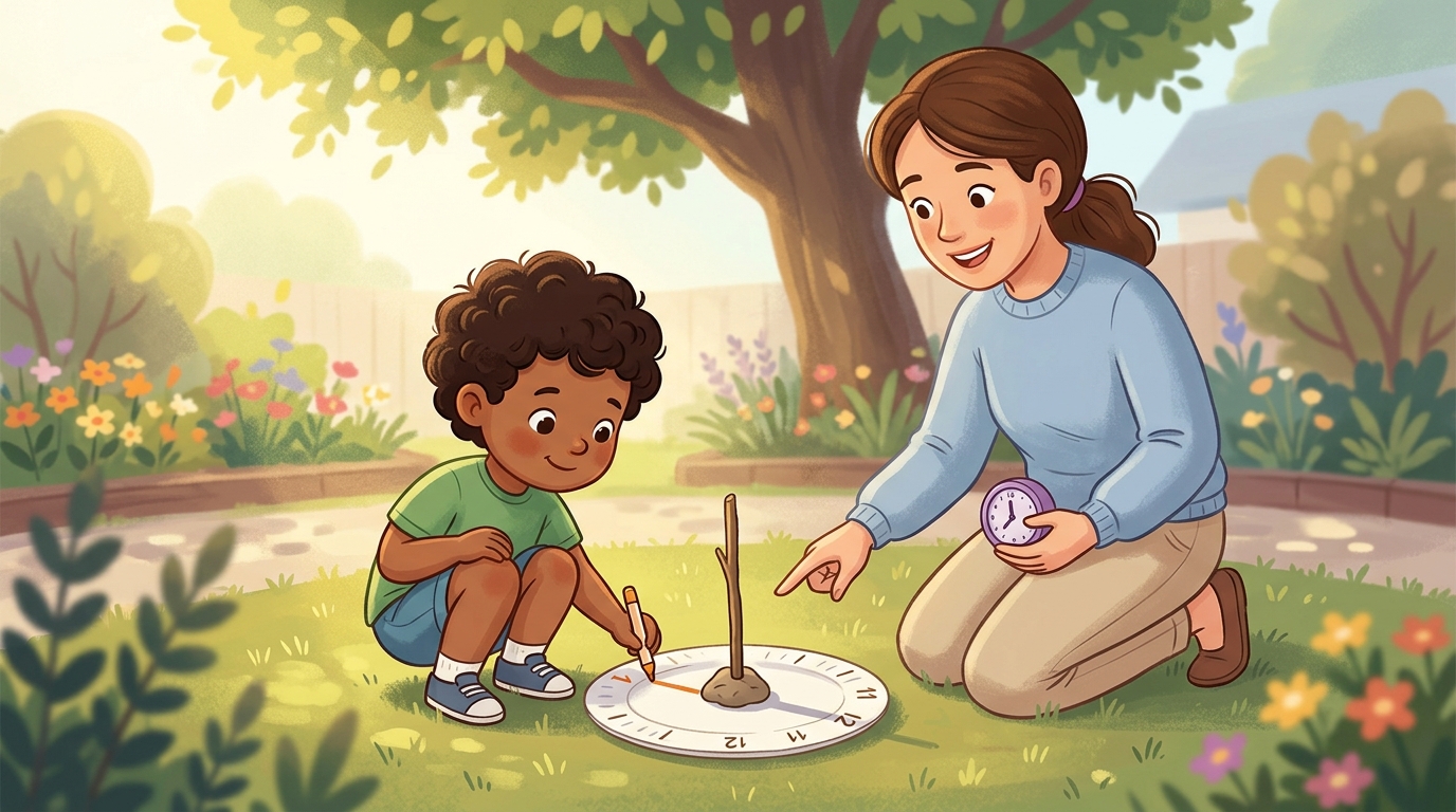 Cartoon illustration of a parent and child outdoors doing Build a Sundial.