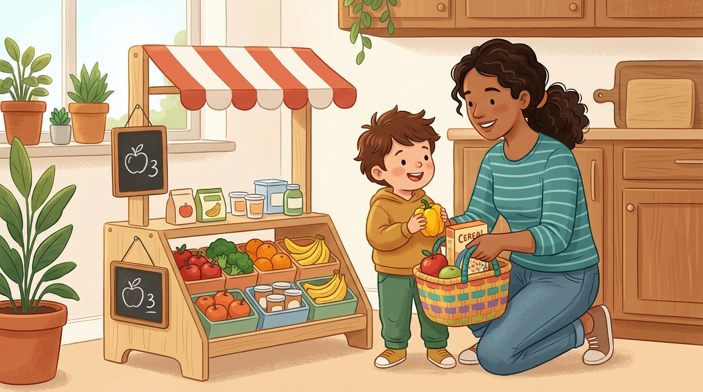 Cartoon illustration of a parent and child at home doing Market Helper.