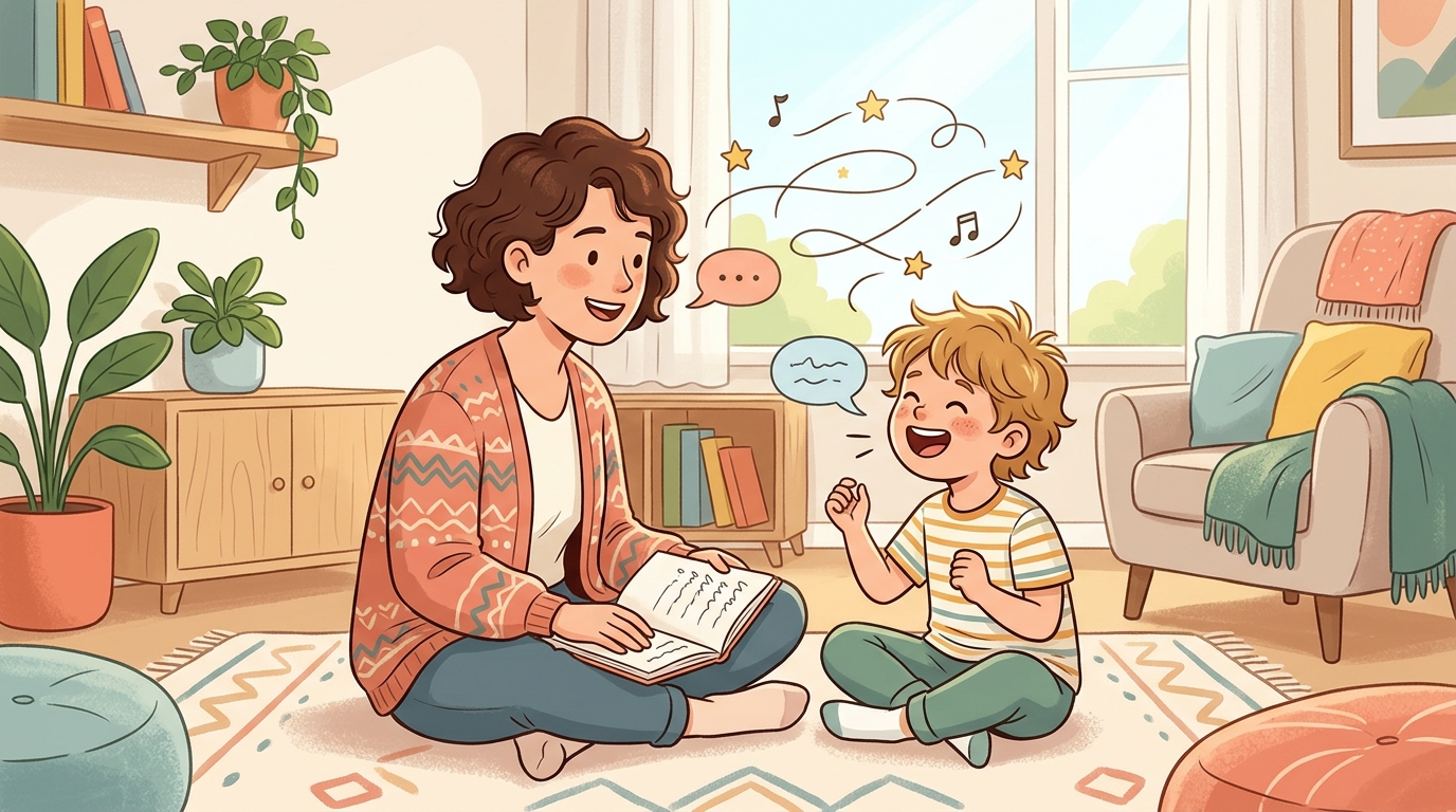 Cartoon illustration of a parent and child at home: family races to say tricky tongue twisters faster and faster without slipping.