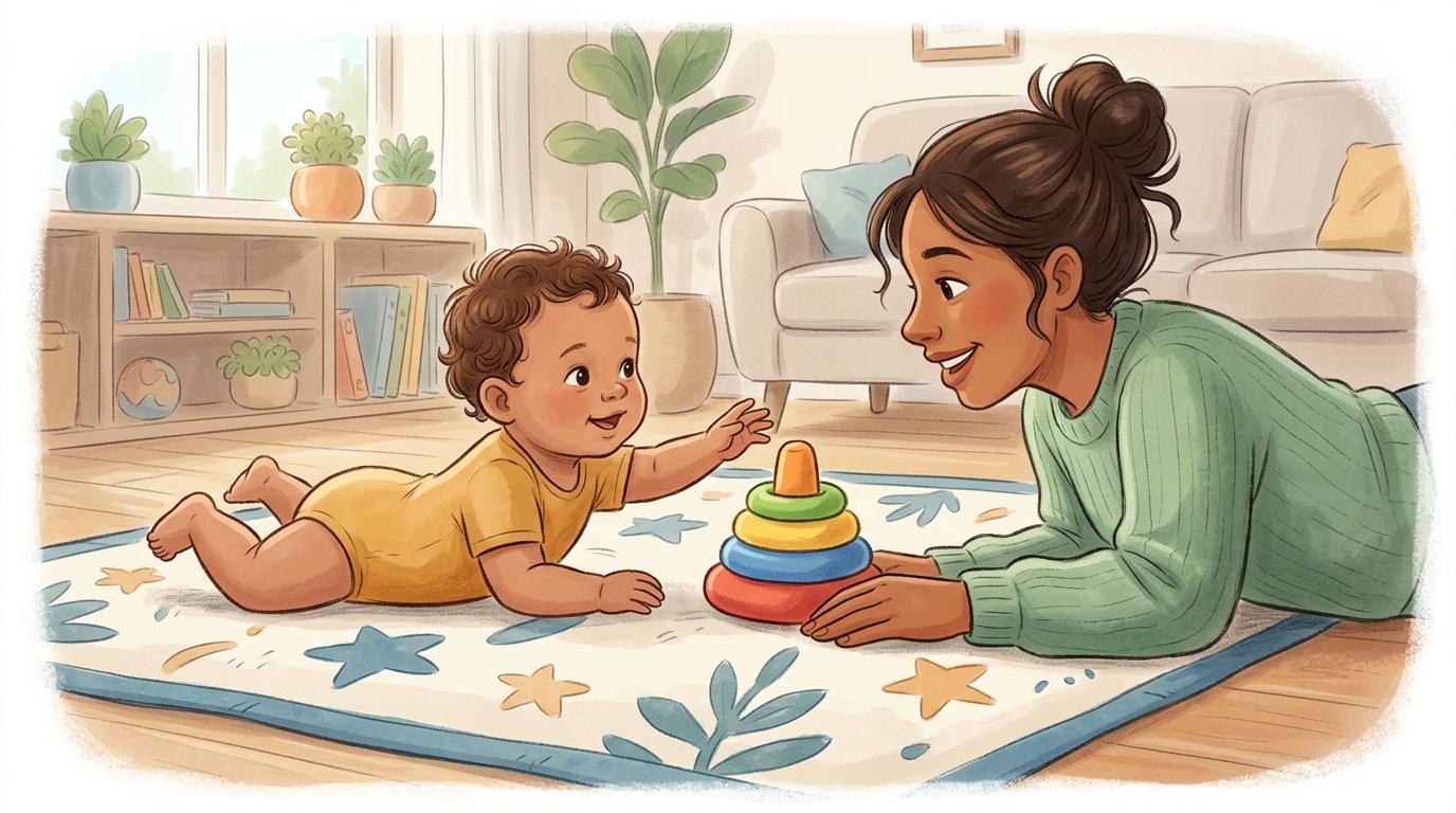 Cartoon illustration of a parent and child at home doing Tummy Time Reach.