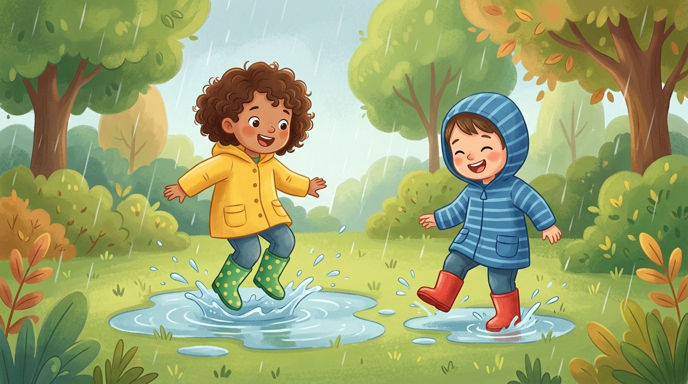 Cartoon illustration of a parent and child outdoors doing Rain Puddle Jump.