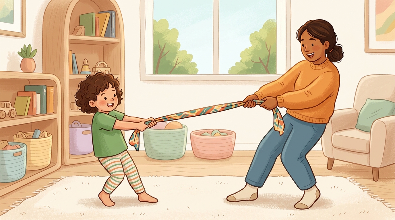 Cartoon illustration of a parent and child at home: each person holds one end of a long cloth, towel, or scarf and pulls against the other.