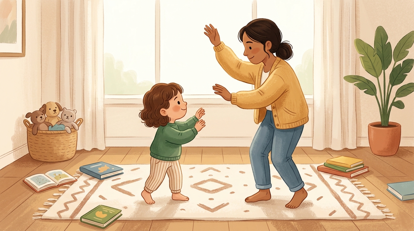 Cartoon illustration of a parent and child at home: adult and child face each other; one person moves slowly and the other mirrors exactly.