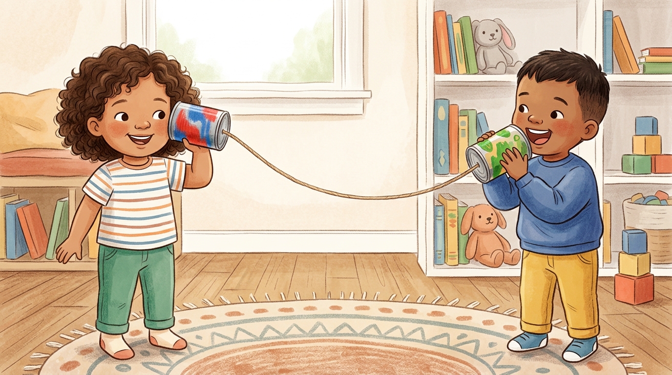 Cartoon illustration of a parent and child at home doing Tin Can Telephone.