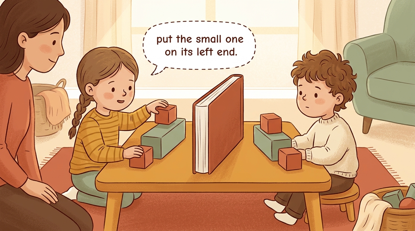 Cartoon illustration of a parent and child at home doing Build What I Describe.