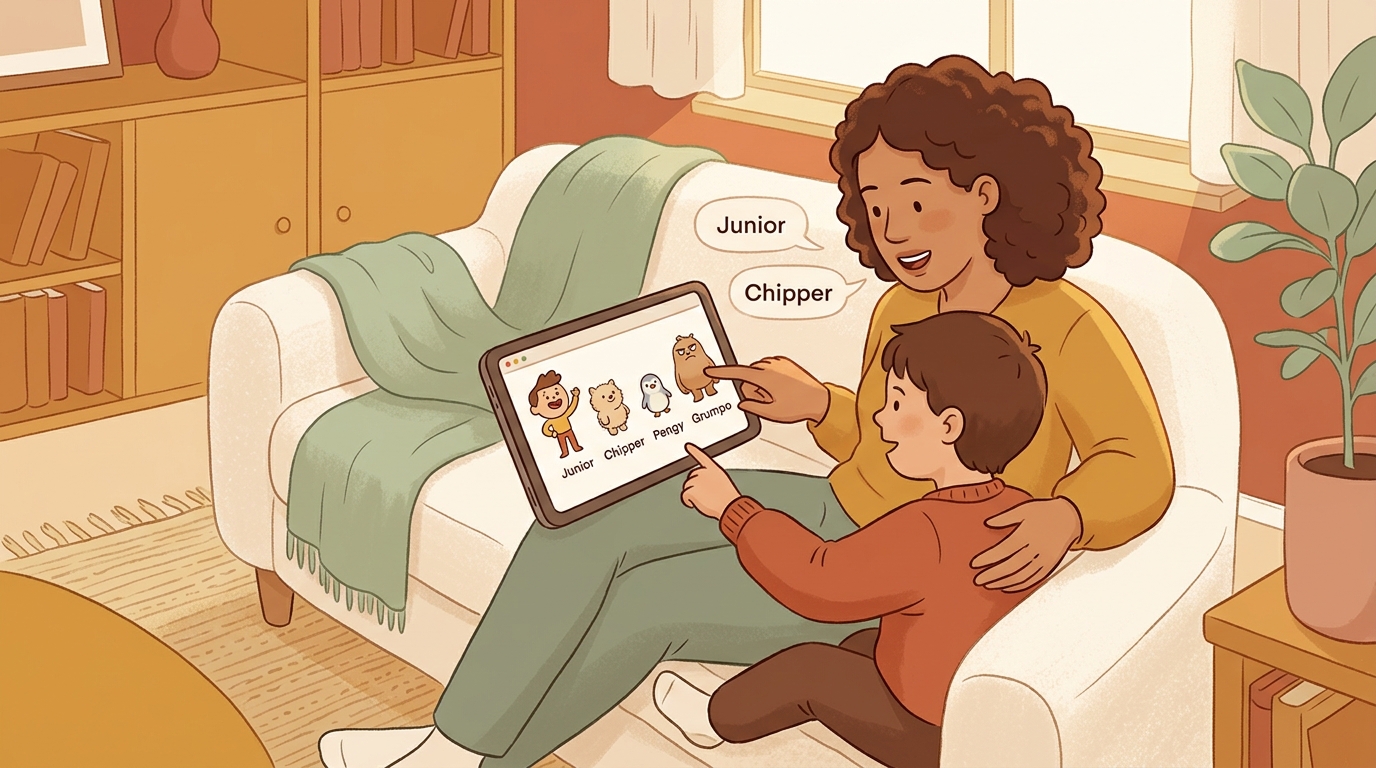 Cartoon illustration of a parent and child at home doing Meet Junior And Friends.