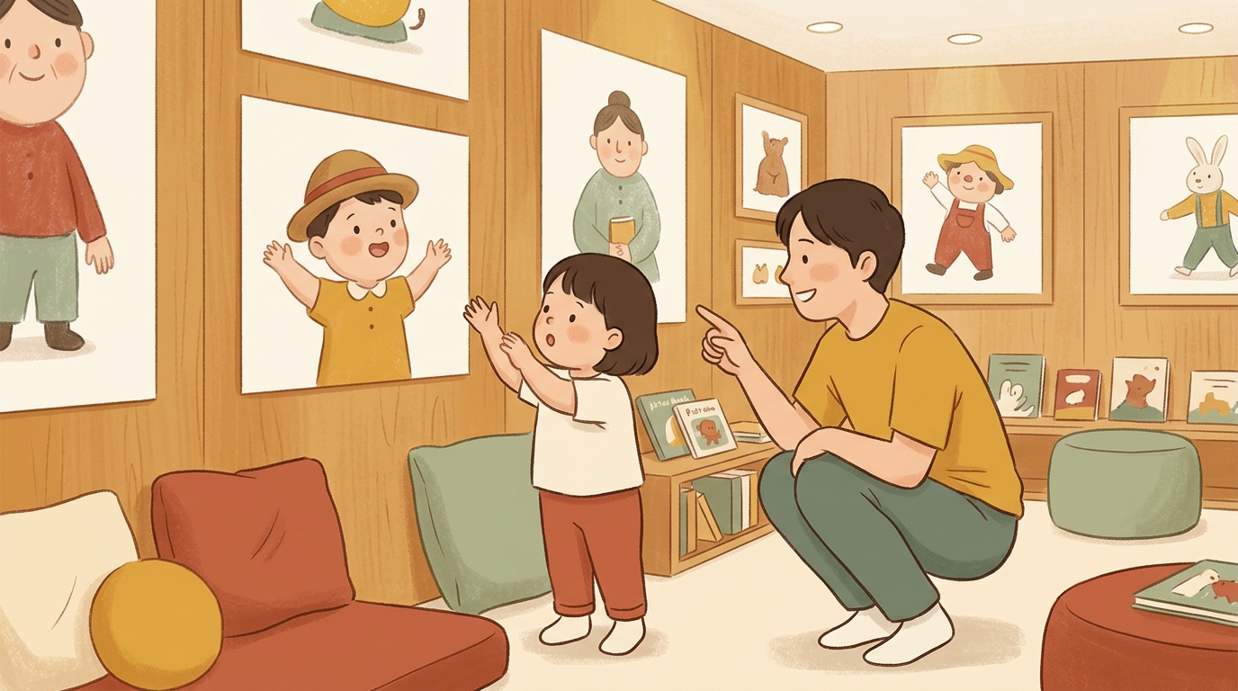 Cartoon illustration of a parent and child at home doing Illustration Pose Match.