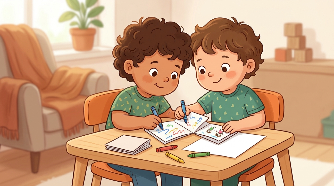 Cartoon illustration of a parent and child at home: fold a sheet of paper in half twice to make a small four-page book.
