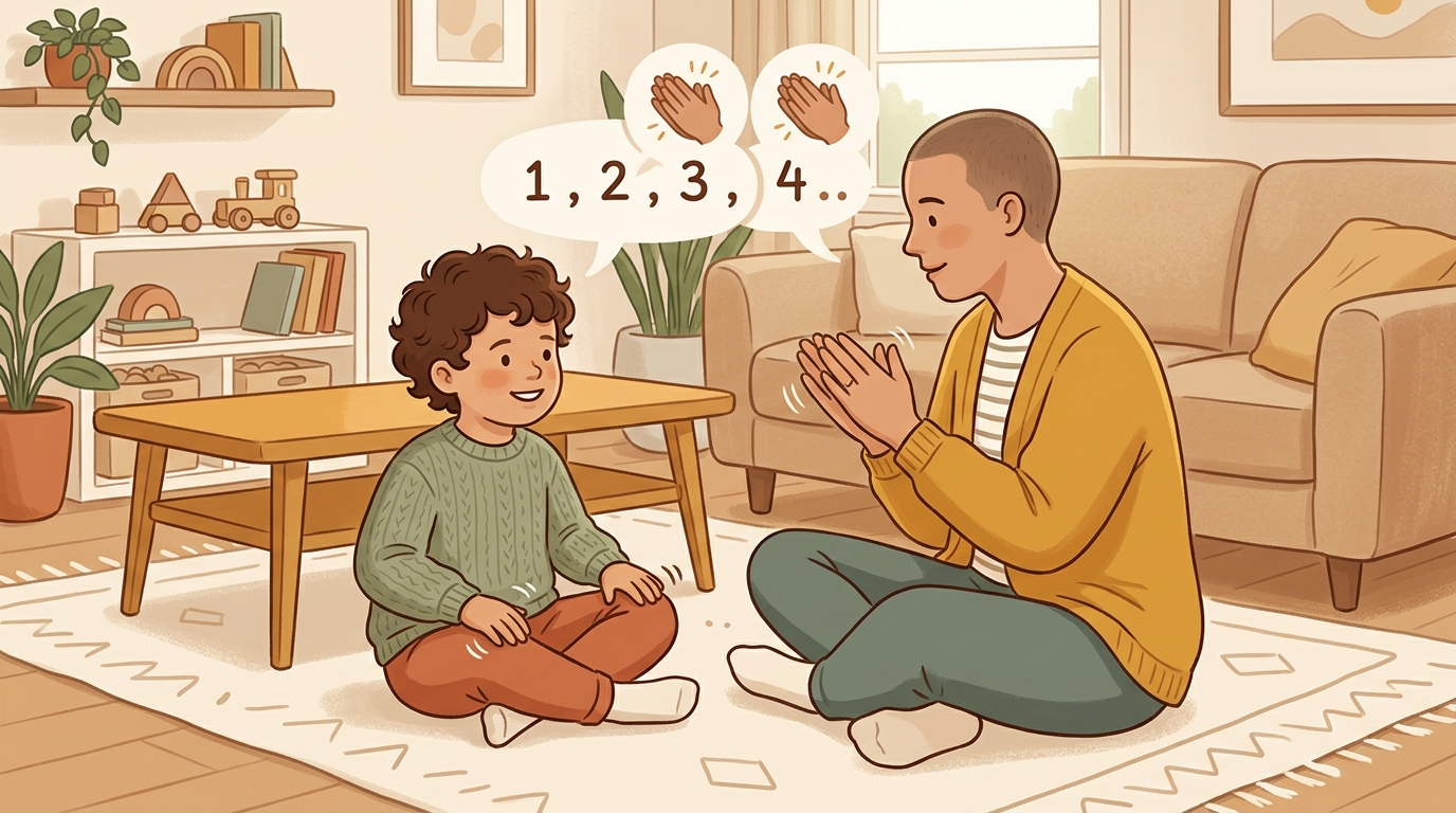 Cartoon illustration of a parent and child at home doing Soft Beat Duet.
