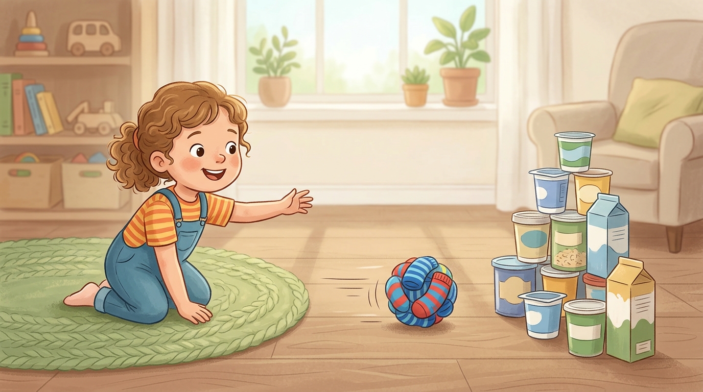 Cartoon illustration of a parent and child at home doing Sock Ball Bowling.