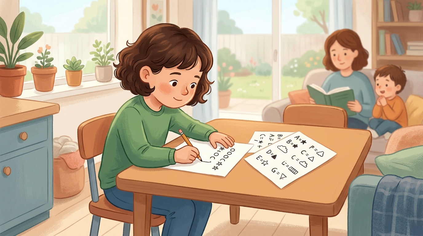 Cartoon illustration of a parent and child at home doing Invent a Cipher.