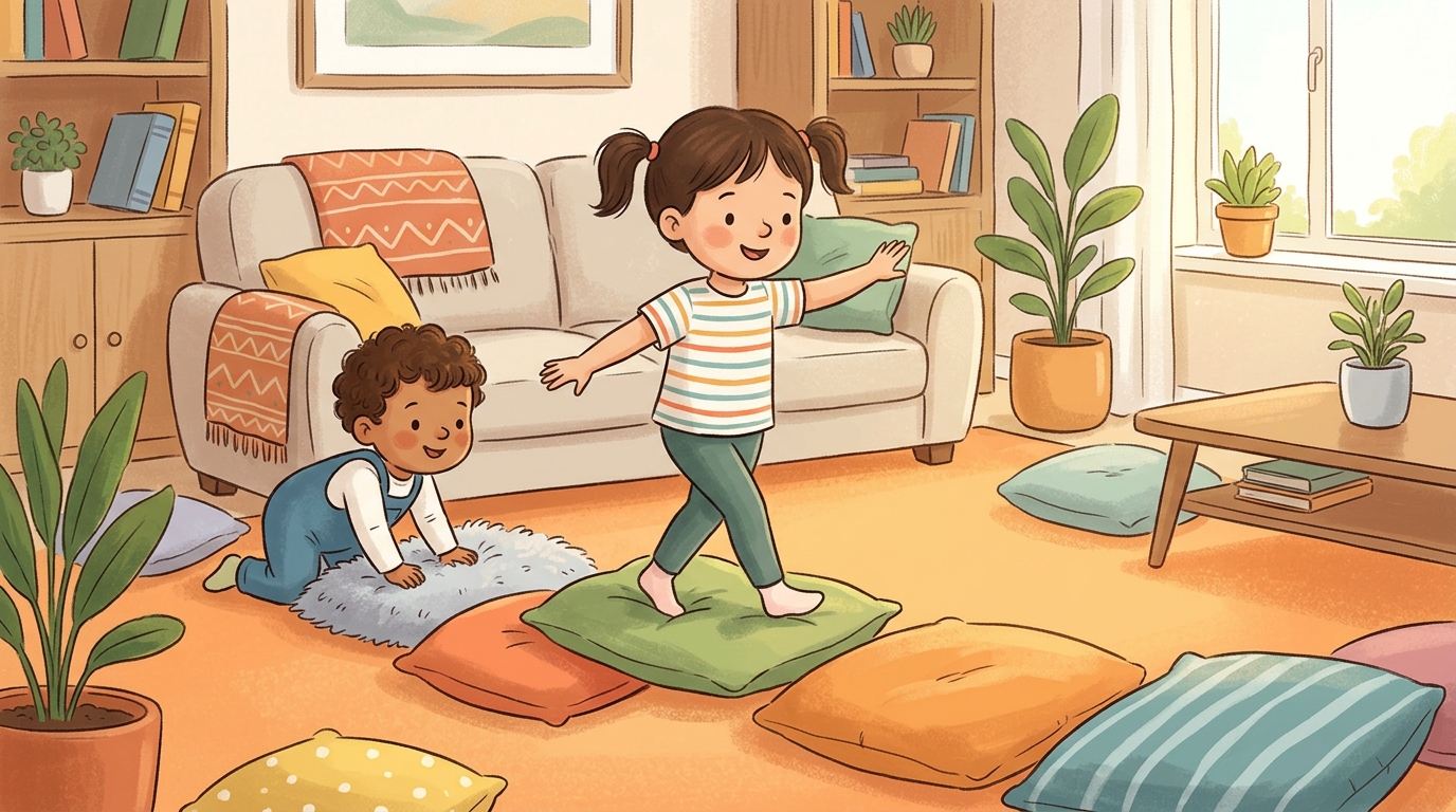 Cartoon illustration of a parent and child at home doing Floor Is Lava.