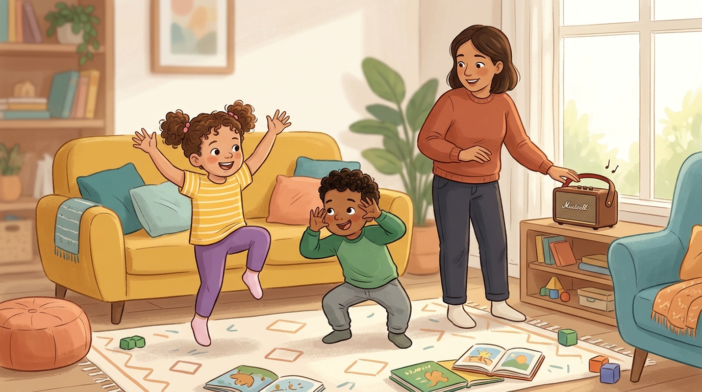 Cartoon illustration of a parent and child at home: play music; everyone dances.