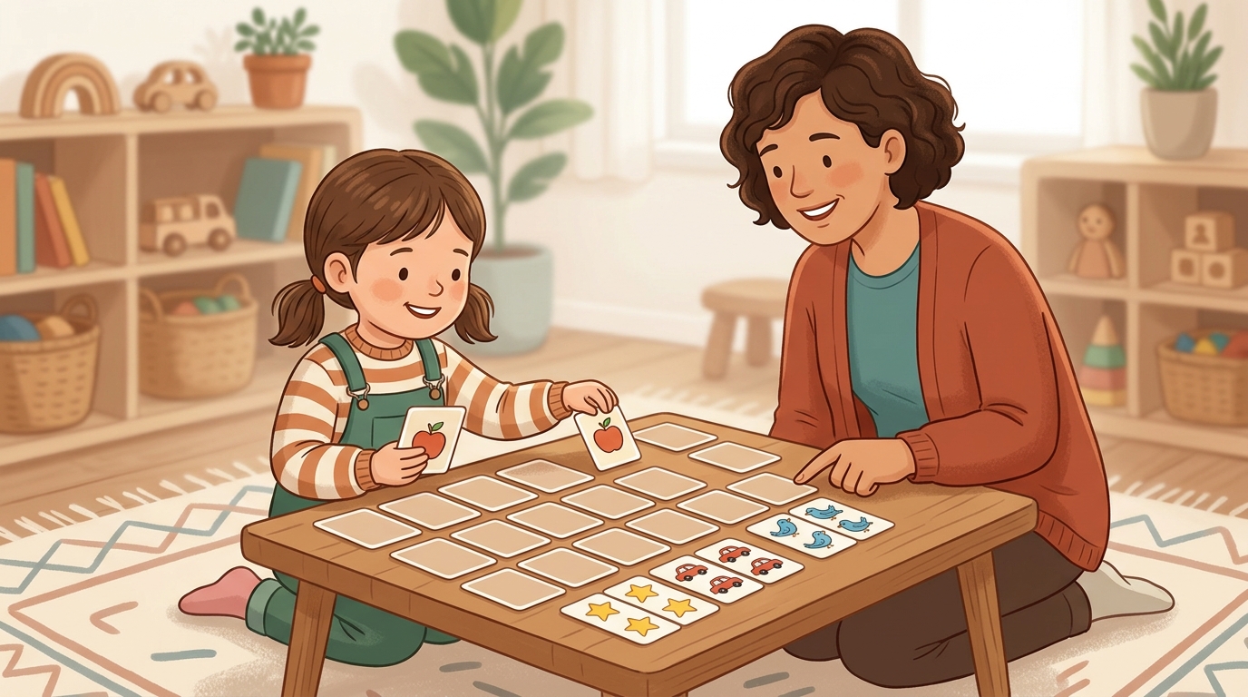 Cartoon illustration of a parent and child at home: make or gather pairs of matching cards, stickers, or small objects.