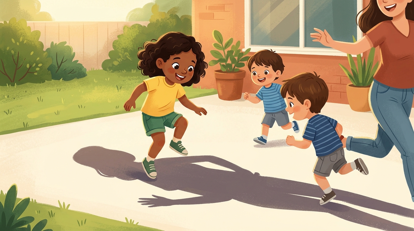 Cartoon illustration of a parent and child outdoors doing Jump on Shadows.
