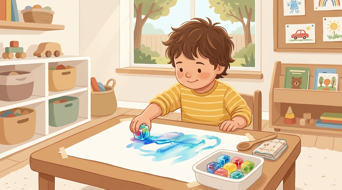 Cartoon illustration of a parent and child at home: freeze water mixed with food colouring or washable paint into small cubes.