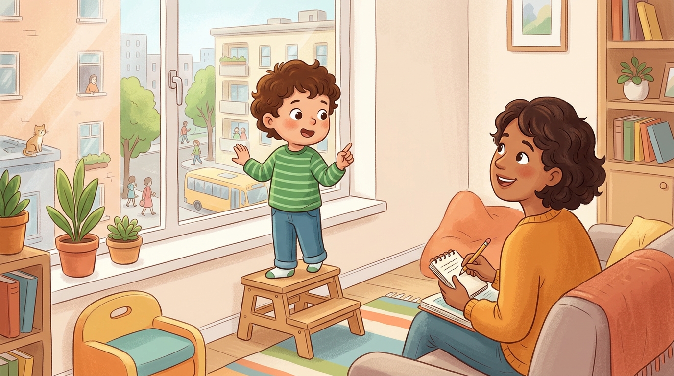 Cartoon illustration of a parent and child at home: child observes from a window and reports or draws what they see.