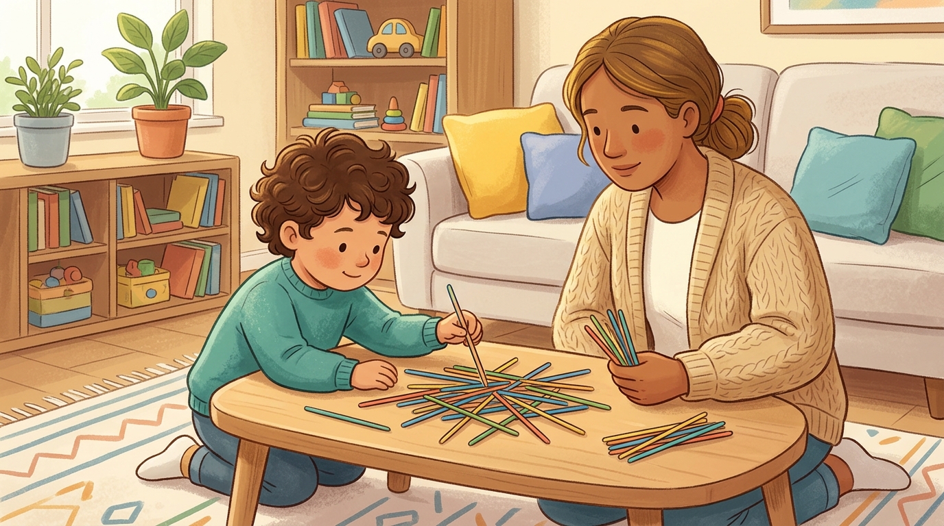 Cartoon illustration of a parent and child at home doing Pick-Up Sticks.